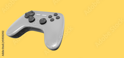 Realistic console game controller. Gray icon on yellow background with space for text. 3D rendering.