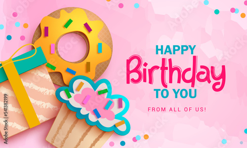 Happy birthday text vector background design. Birthday greeting typography in pink space with donut, gift and cup cake paper cut craft party decoration. Vector Illustration.  