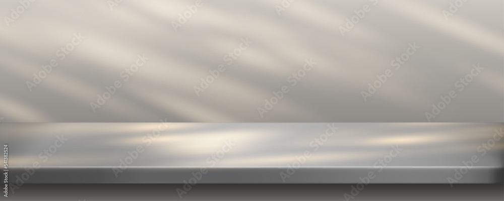 Metal kitchen tabletop with sunlight, steel table or desk foreground