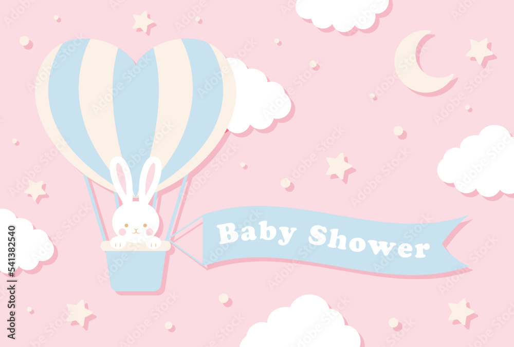 vector background with a rabbit in a hot-air balloon in the sky for banners, baby shower cards, flyers, social media wallpapers, etc.