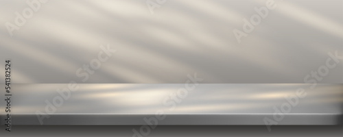 Metal kitchen tabletop with sunlight, steel table or desk foreground front view. Silver countertop and wall with light spots falling on surface. Realistic vector background, 3d illustration, mock up