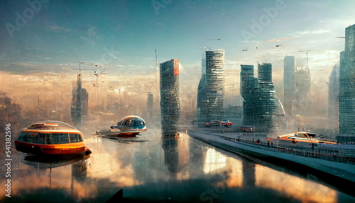 Fototapeta Futurystyczne miasto przyszłości z latającymi samochodami i szklanymi budynkami.