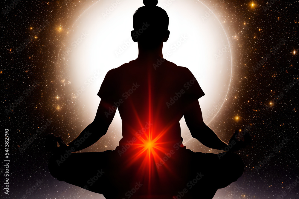 silhouette of a man sitting in lotus position and meditating on front of big with sun and stars in universum in background red light shining from chakra silhouette of a man sitting in lotus position and meditating on front of big with sun and stars in universum in background red light shining from chakra