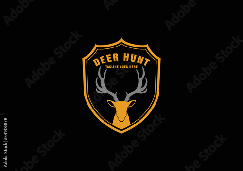 Deer And Shield Logo Design Template. Deer Head Logo Icon, Deer Shield Icon Design Illustration, Impala Icon
