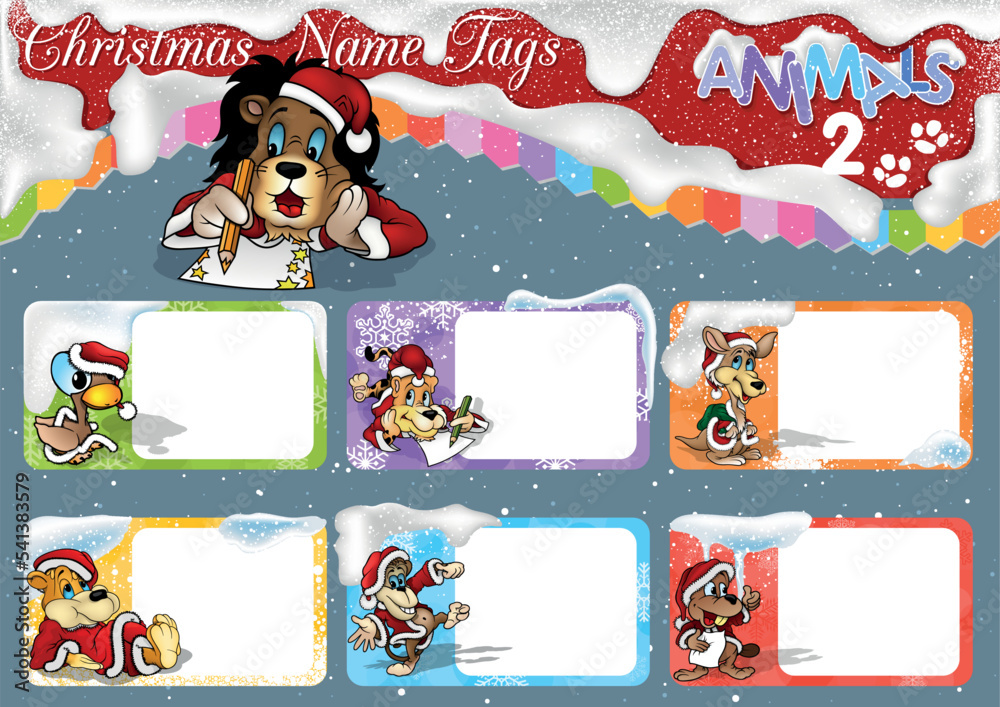 Set of Christmas Name Tags with Cute Animals in Santa Claus Costume -  Colored Cartoon Illustrations, Vector Stock Vector