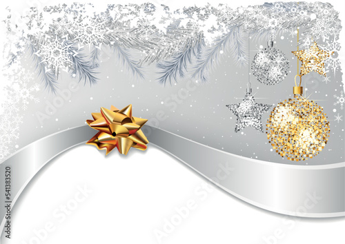Festive Christmas Background with Silver and Gold Christmas Ornaments and Ribbon with Golden Bow - Colored Illustration, Vector
