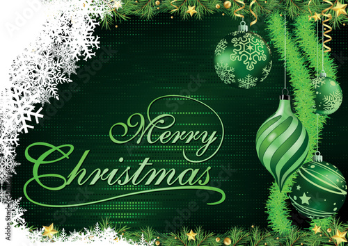 Green Christmas Greeting Card with Christmas Ornaments on Halftone Patterned Background - Abstract Colorful Illustration, Vector
