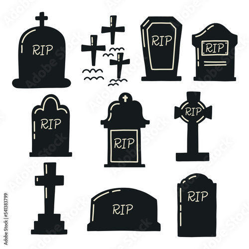 Doodle collection Silhouette of gravestones. Blank tombstones monuments rip tombs clipart. Flat vector illustration isolated on white background
