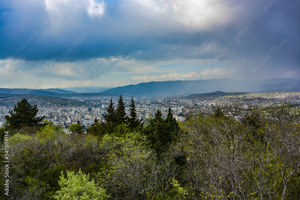 City Of Tbilisi, Georgia. April 28, 2019. Tbilisi cityscape from hilltop of Mtatsminda mountain.