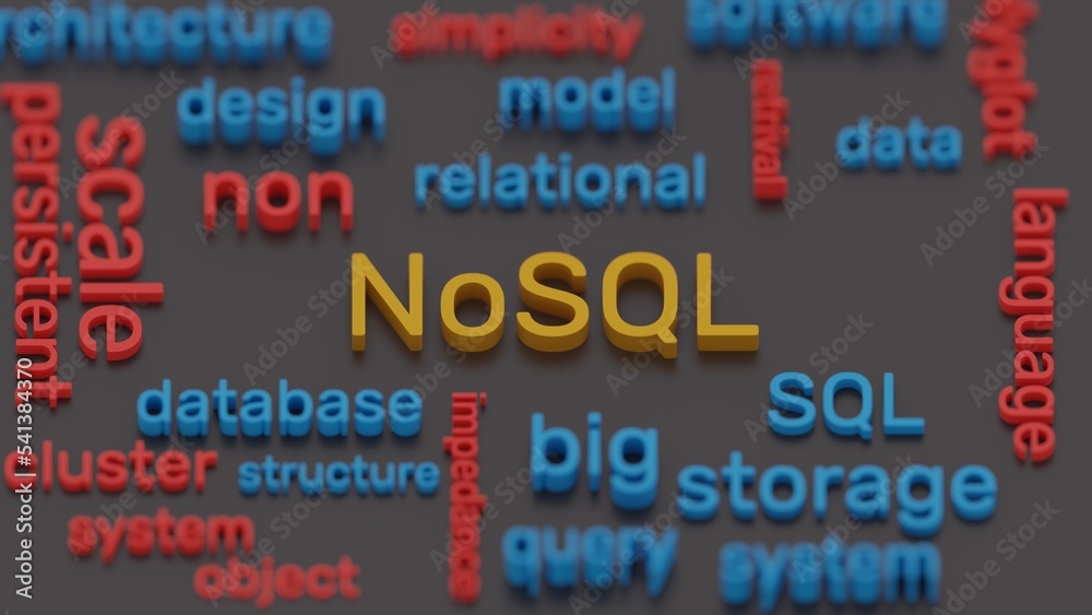 NoSQL word and terms cloud 3d illustration.