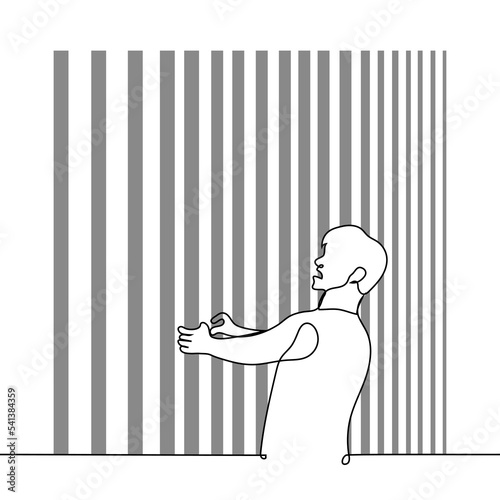 man stands behind the bars clutching her and screaming - one line drawing vector. the concept of bonded, torment in a prison cell, a convict locked in a cell