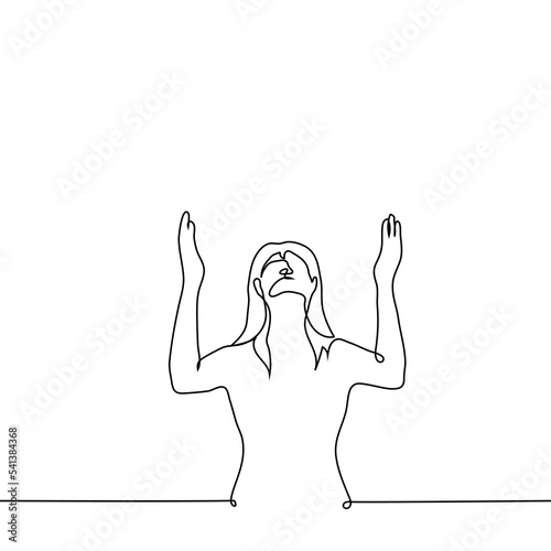 woman raised her hands and face to the sky - one line drawing vector. concept prayer, appeal to God