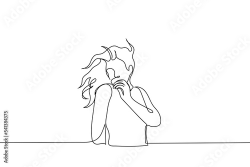 woman stands shy her hair flutters in the wind - one line drawing vector. concept romantic girl