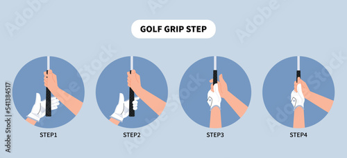 Golf swing pose steps. How to hold a golf club. step information. A golf player is showing his golf swing. flat vector illustration.