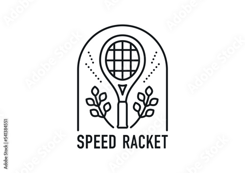 Tennis club logo. There is a tennis racquet in the center and the branches are decorated. Black and white simple line illustration.