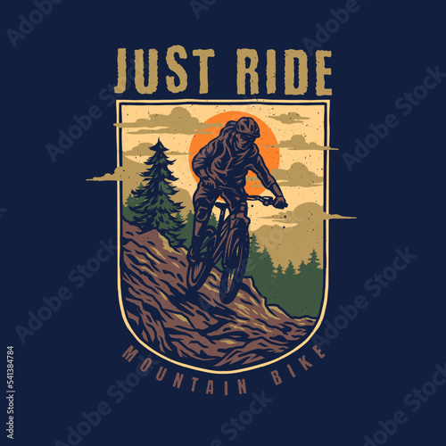 Mountain Biking t shirt graphic design, hand drawn line style with digital color, vector illustration