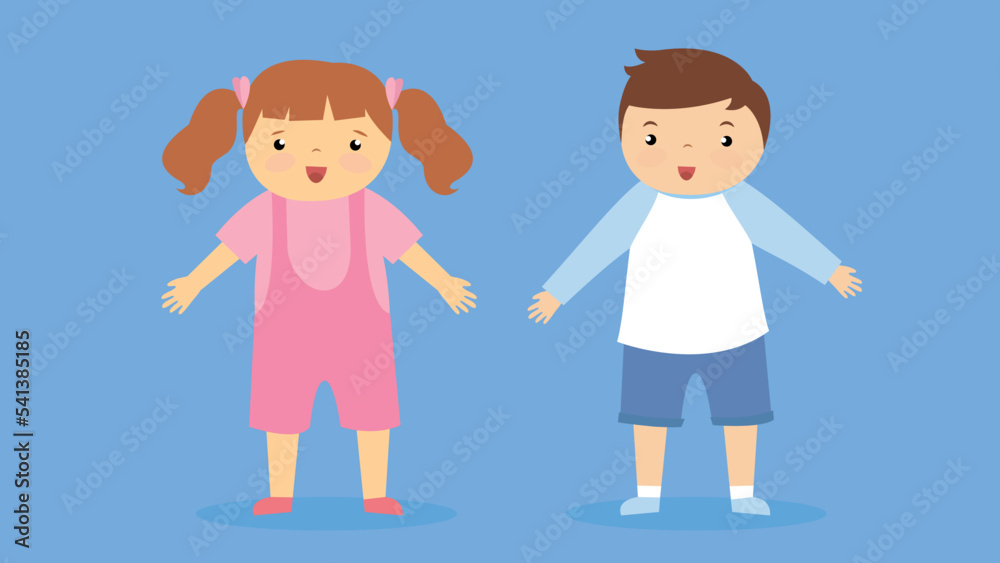 Boy in raglan and shorts, girl in overalls and t-shirt Boy in raglan and shorts, girl in overalls and t-shirt
