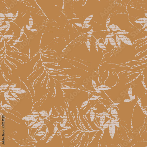 Gender neutral foliage leaf seamless raster background. Simple whimsical 2 tone pattern. Kids nursery wallpaper or scandi all over print.botanical florals silhouette designs amber colors