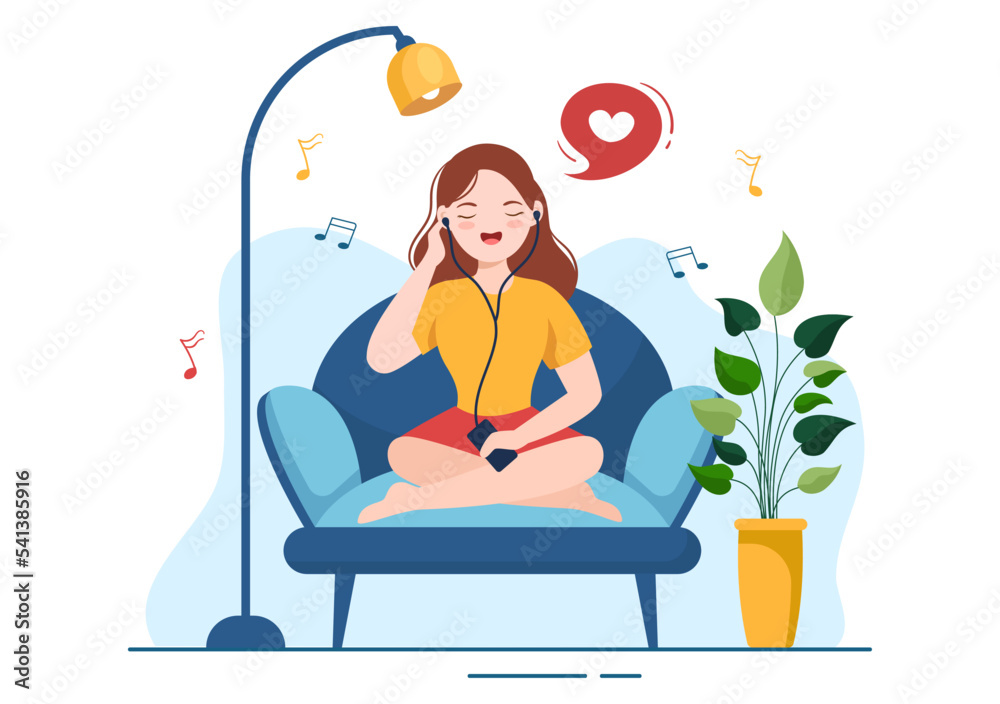Naklejka premium MP3 Player with Headphones, Headset and Phone of Music Listening Devices in Mobile App on Flat Cartoon Hand Drawn Templates Illustration