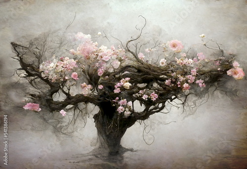 Obraz Stare drzewo z kwitnącymi kwiatami.