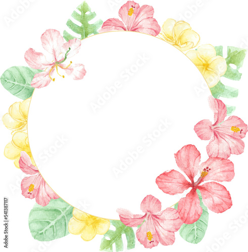 watercolor red summer tropical flower hibiscus and plumeria wreath frame