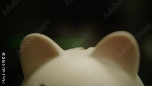 Coin thrown into the piggy bank, close-up savings economy concept photo