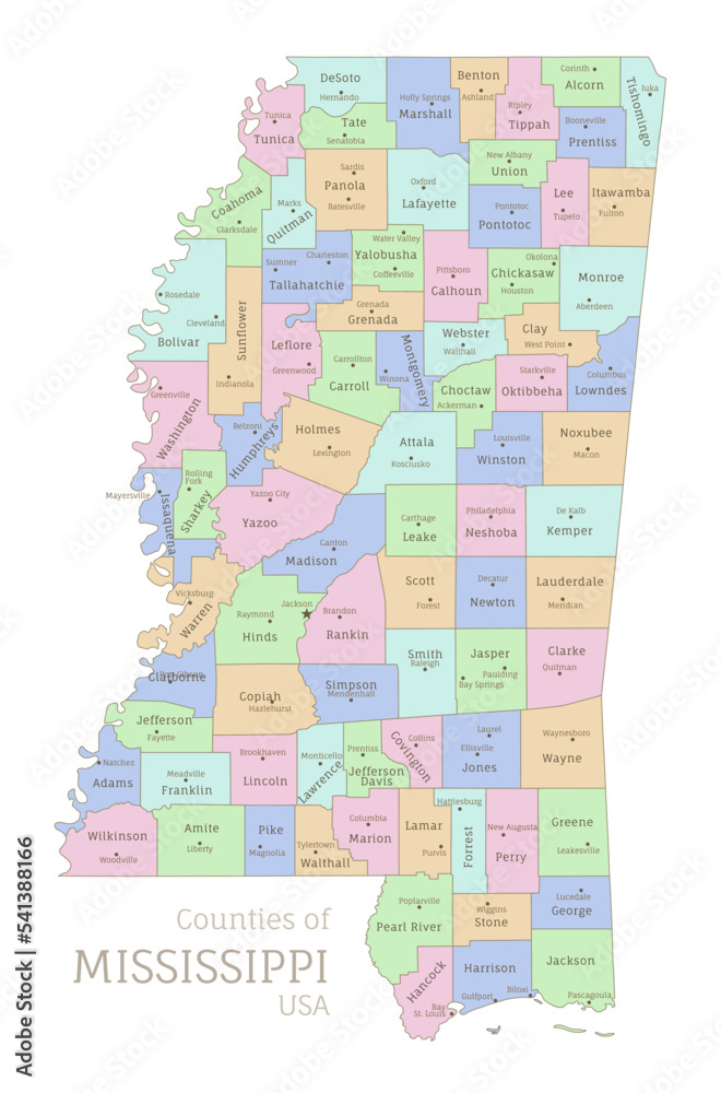 Counties of Mississippi, administrative map of USA federal state. Highly detailed color map of American region with territory borders and counties names labeled realistic vector illustration