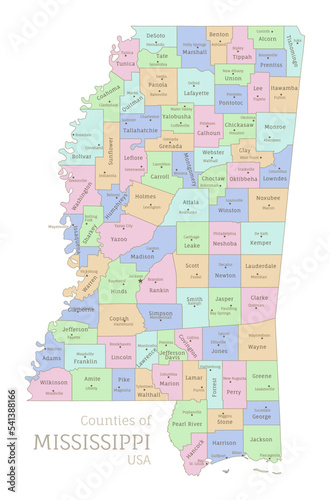 Counties of Mississippi, administrative map of USA federal state. Highly detailed color map of American region with territory borders and counties names labeled realistic vector illustration