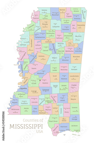 Counties of Mississippi  administrative map of USA federal state. Highly detailed color map of American region with territory borders and counties names labeled realistic vector illustration