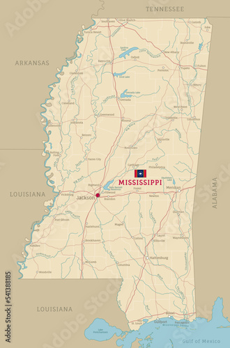 Road map of Mississippi, US American federal state. Editable highly detailed transportation map of Mississippi with highways and interstate roads, rivers and cities vector illustration