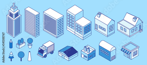 city collection landscape isometric vector illustration with building house cafe tree and cargo bus