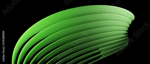Green abstract modern 3D object with many overlapping layers and flowing curves, lines or shapes on black background