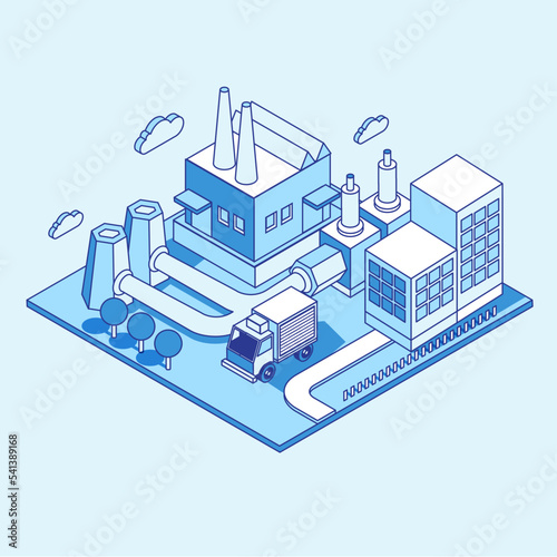 factory manufacture set in linear isometric style. Minimal art line. Concept with warehouse, fabric, building and pipe line.