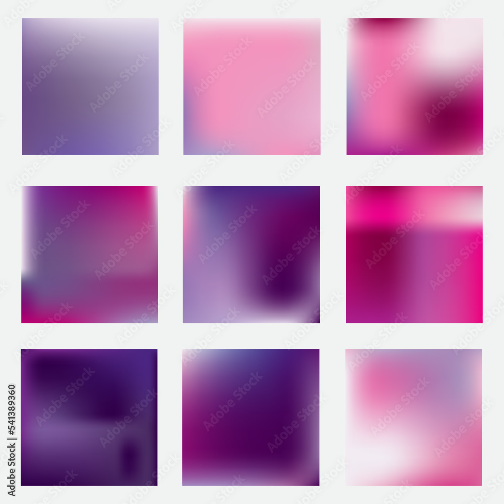 A set of square icons with an abstract gradient of pink and purple. Vector graphics