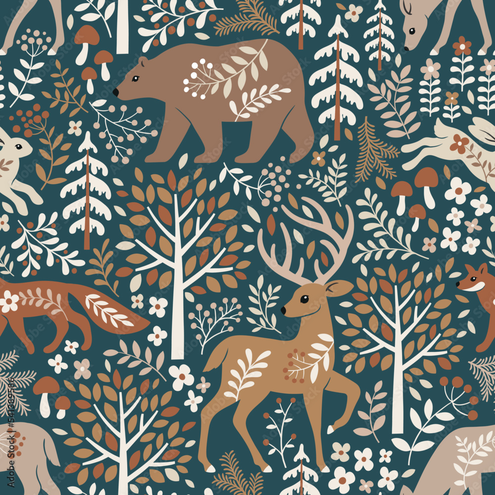 Seamless vector pattern with cute woodland animals, trees and leaves. Scandinavian woodland illustration. Perfect for textile, wallpaper or print design. Seamless vector pattern with cute woodland animals, trees and leaves. Scandinavian woodland illustration. Perfect for textile, wallpaper or print design.