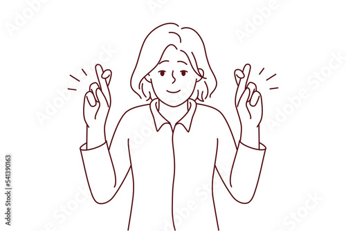 Smiling young woman cross fingers make wish. Happy female do hand gesture ask or hope for best. Vector illustration.