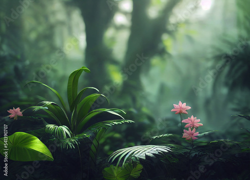 Fototapeta Naklejka Na Ścianę i Meble -  Jungle scenery with beautiful trees and plants, natural green environment with amazing nature