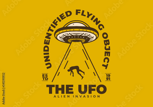 Vintage art illustration of a ufo suck a human