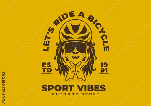 Vintage art illustration of a woman wearing bicycle helmet