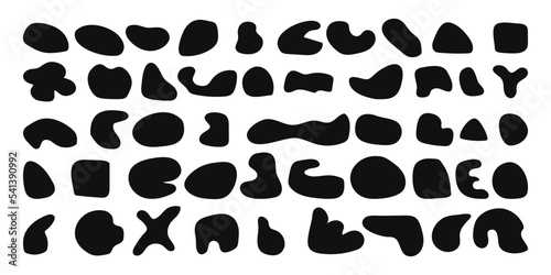 Organic amoeba blob shape set. Irregular round blot forms graphic design element collection. Black doodle random splotches. Flat vector illustration isolated on white background