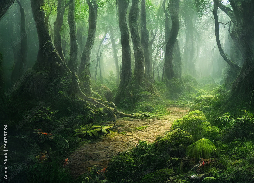 Forest scenery with beautiful trees and plants, natural green environment waith amazing nature