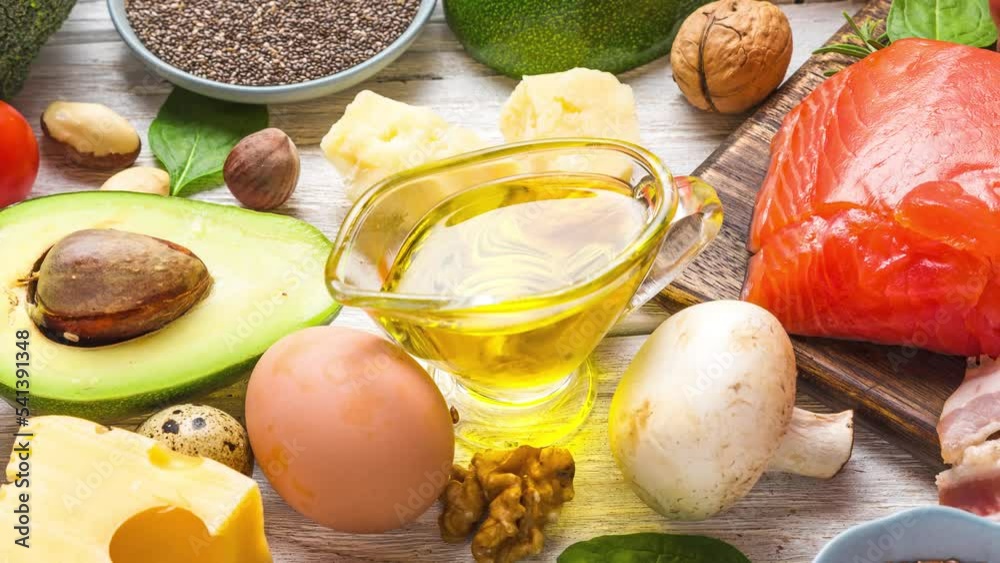 Vidéo Stock Assortment of healthy food low carb keto ketogenic diet