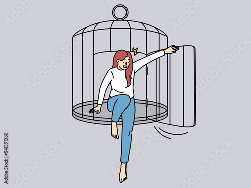 Happy woman escape cage into free life
