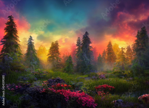 Slika na platnu colorful sunset forest scenery with beautiful trees and plants, natural green en