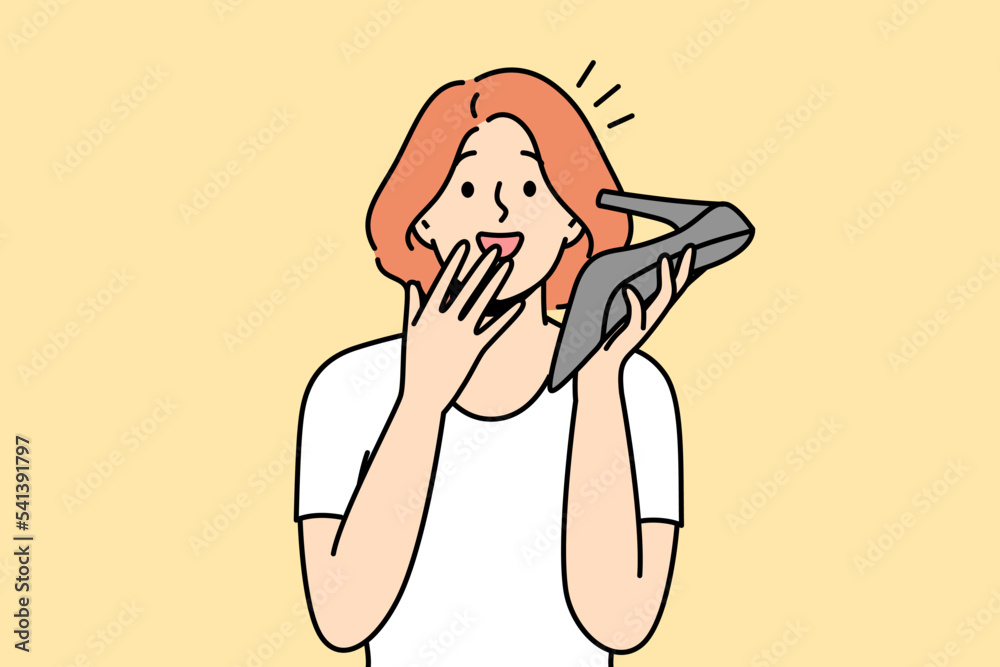 Smiling young woman talk on heel hear shocked unbelievable news. Happy girl speak on hoe as on phone surprised with unexpected message. Vector illustration. Smiling young woman talk on heel hear shocked unbelievable news. Happy girl speak on hoe as on phone surprised with unexpected message. Vector illustration.