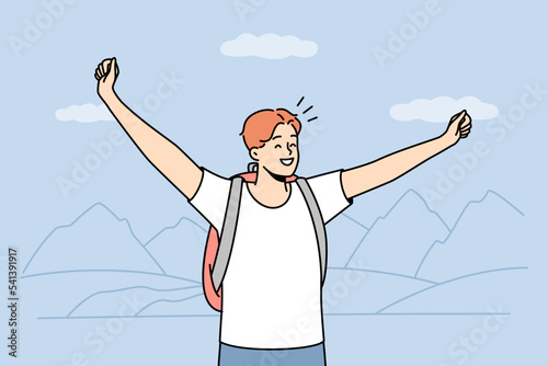 Happy young man with backpack stand on mountain peak with arms raised. Smiling guy feel excited with travel or nature tourism. Vector illustration. 