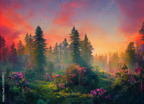 colorful sunset forest scenery with beautiful trees and plants, natural green environment with amazing nature