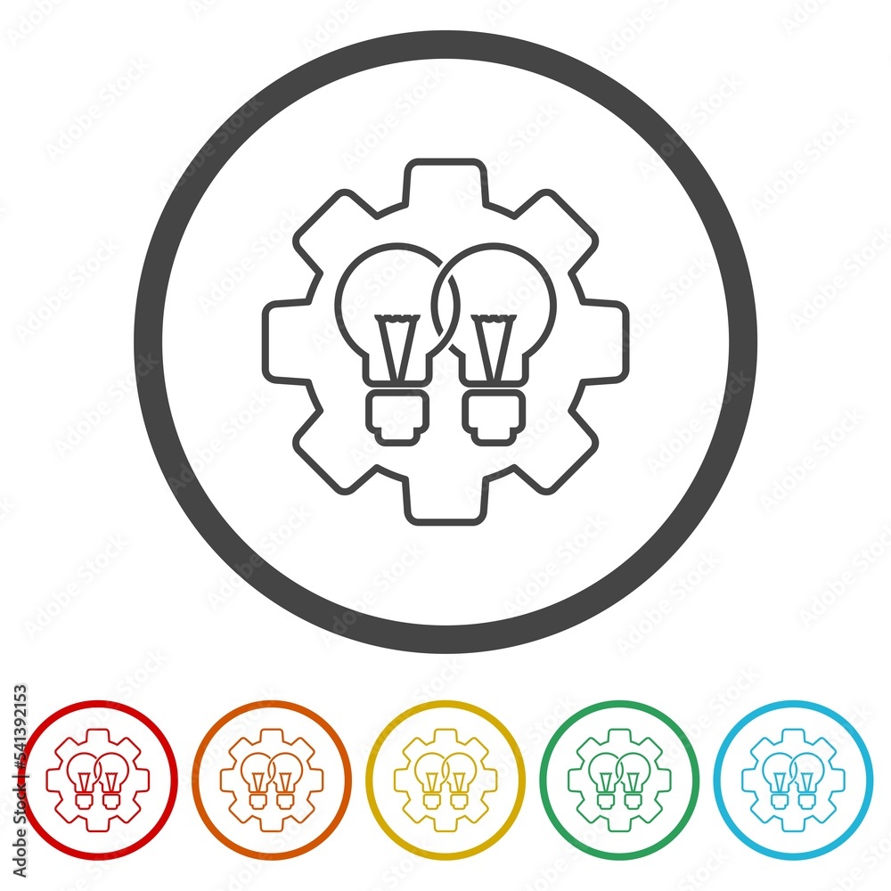 Light bulb gear icon. Set icons in color circle buttons