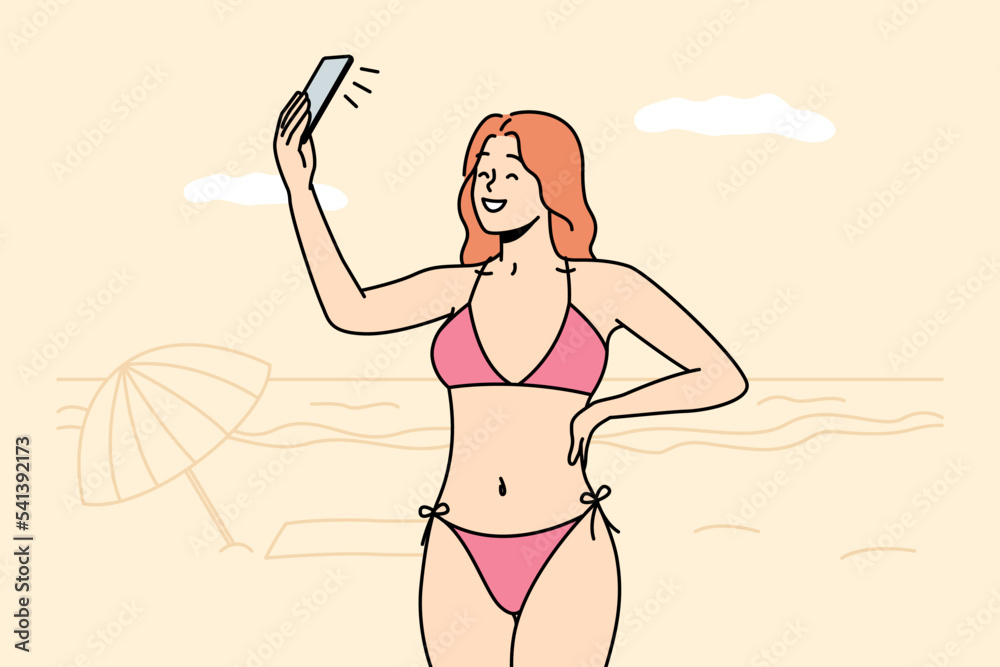 Smiling sexy young woman in bikini make self-portrait picture on cellphone on beach. Happy girl in swimsuit take selfie on smartphone on shore. Vector illustration. 