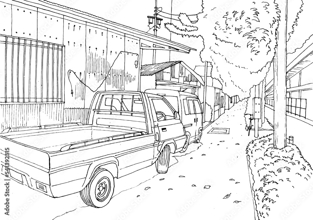Truck on a small street in Tokyo, line drawing art